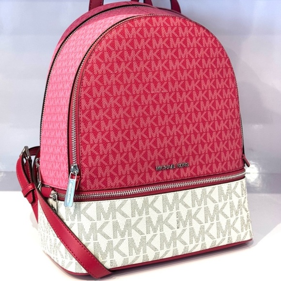 Michael Kors Rhea Medium Color-Block Signature Logo Backpack Dark Rasberry Multi - Picture 4 of 11